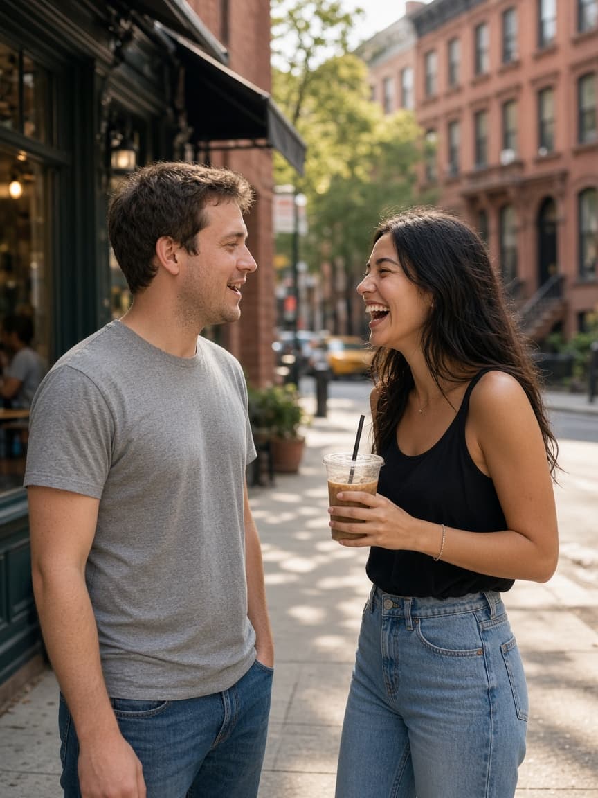 A regular guy on a city sidewalk talking to a beautiful woman who is laughing.